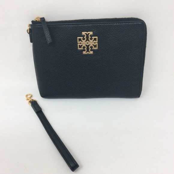 Authentic Tory Burch Britten Large Zip Pouch Wallet Wristlet Black Leather - Picture 13 of 14